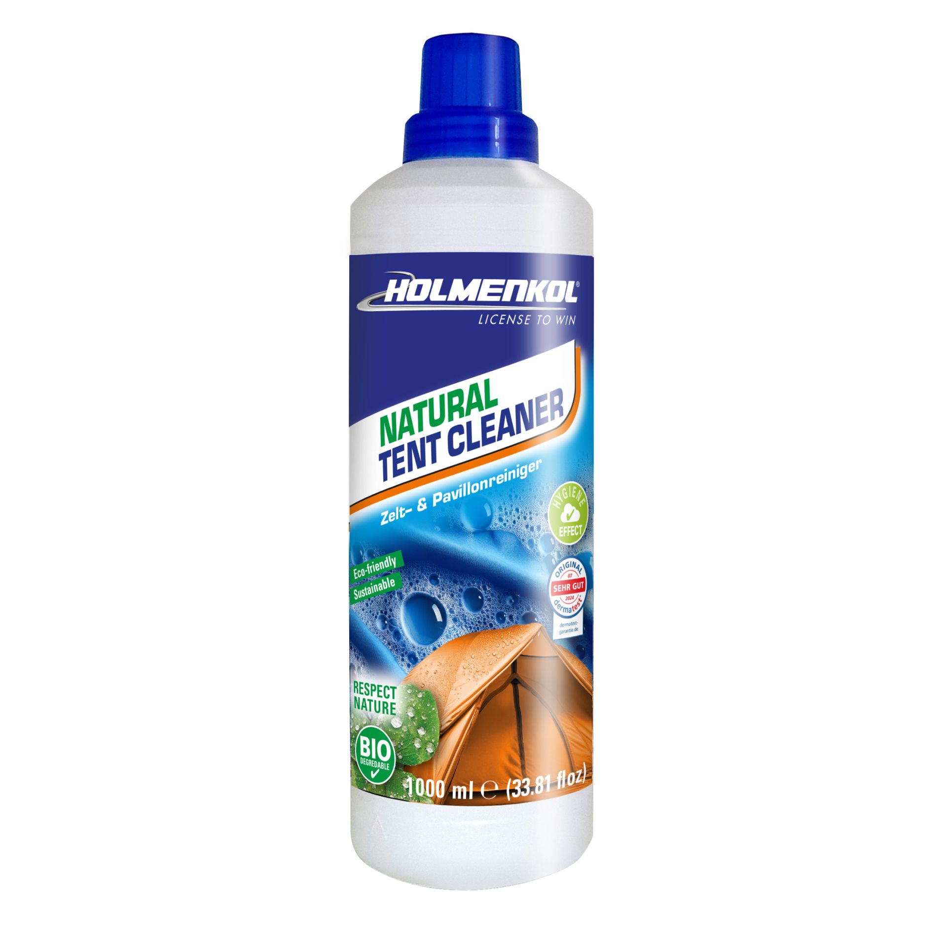 Bouteille blanche à bouchon bleu, portant l'inscription "Natural Tent Cleaner". L'étiquette représente une tente et des logos verts.