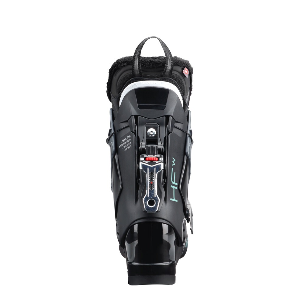Chaussure de ski noire Nordica HF 85W vue de derrière, avec système de fermeture Hands-Free et dragonne sur le chausson.