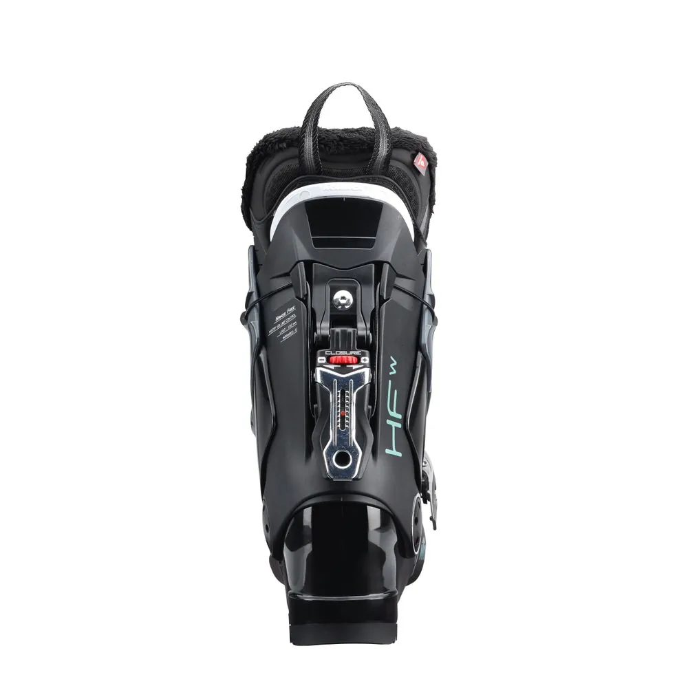 Black Nordica HF 85W ski boot from the back, with hands-free closure system and strap on the inner boot.