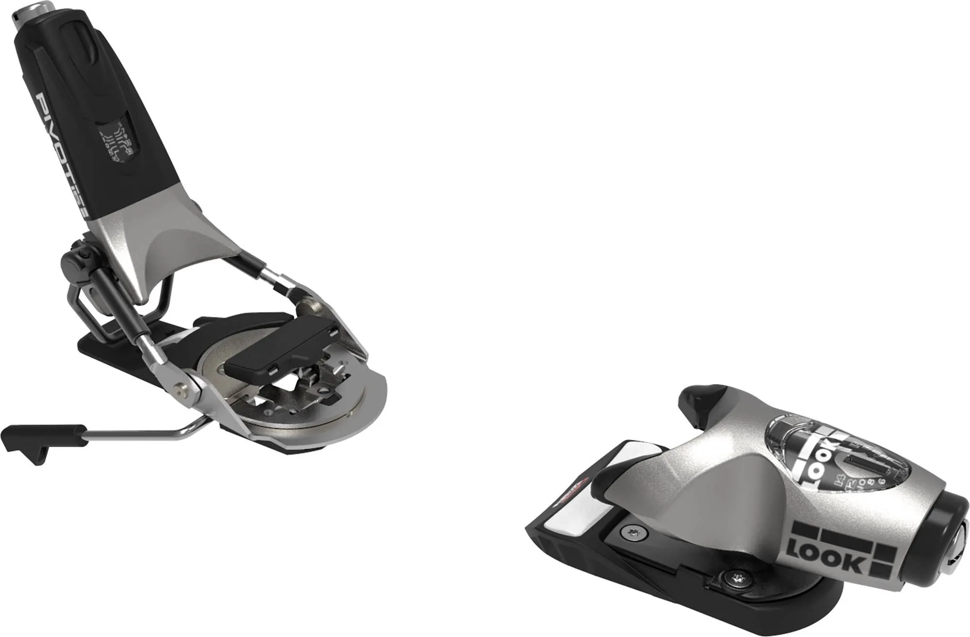 Skibindung, Look Pivot 15 GW B95 Raw, Ferse links, Vorderseite rechts, silber-schwarz, GripWalk-kompatibel.