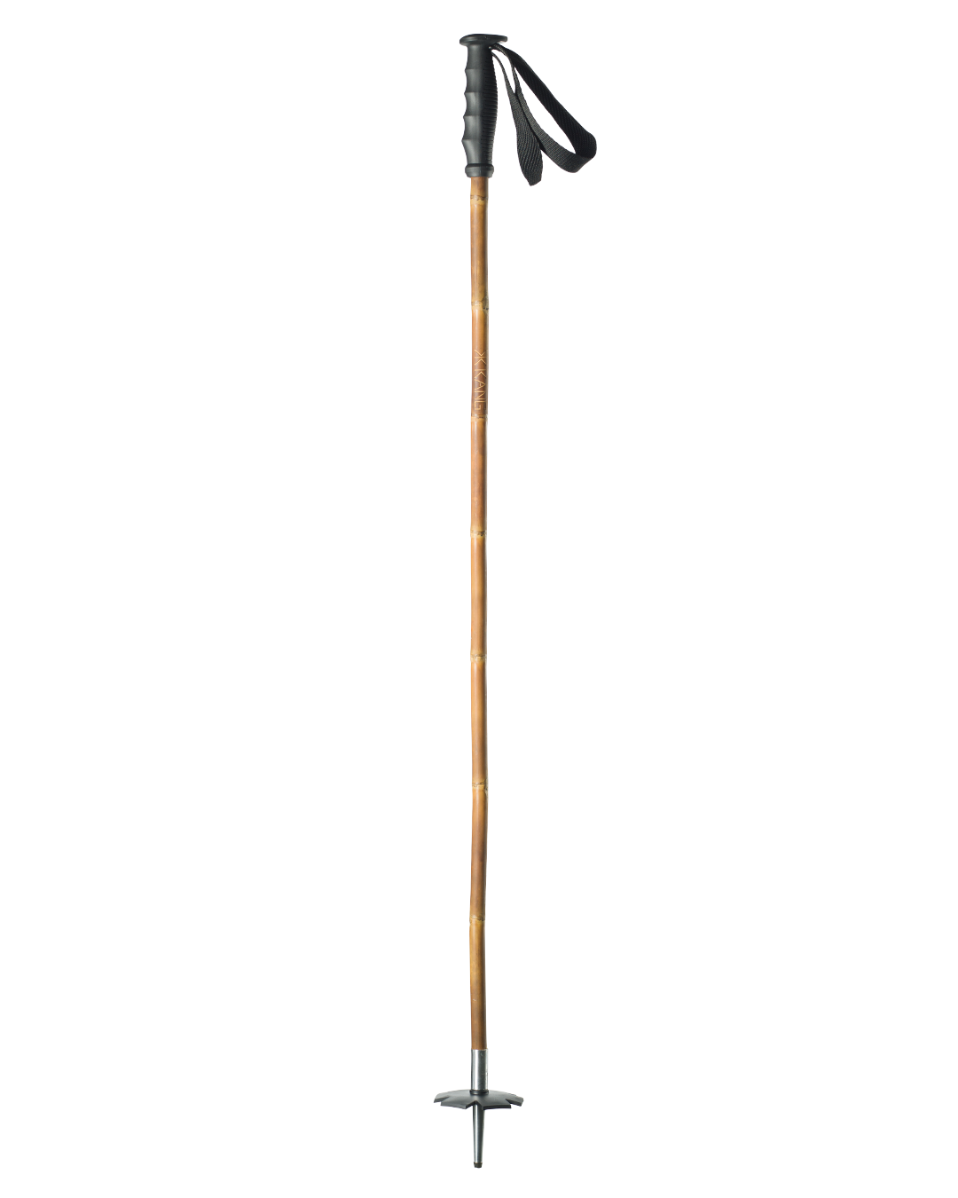 Ein einzelner Bambus-Skistock mit schwarzem Griff, Handschlaufe und All-Mountain-Teller.