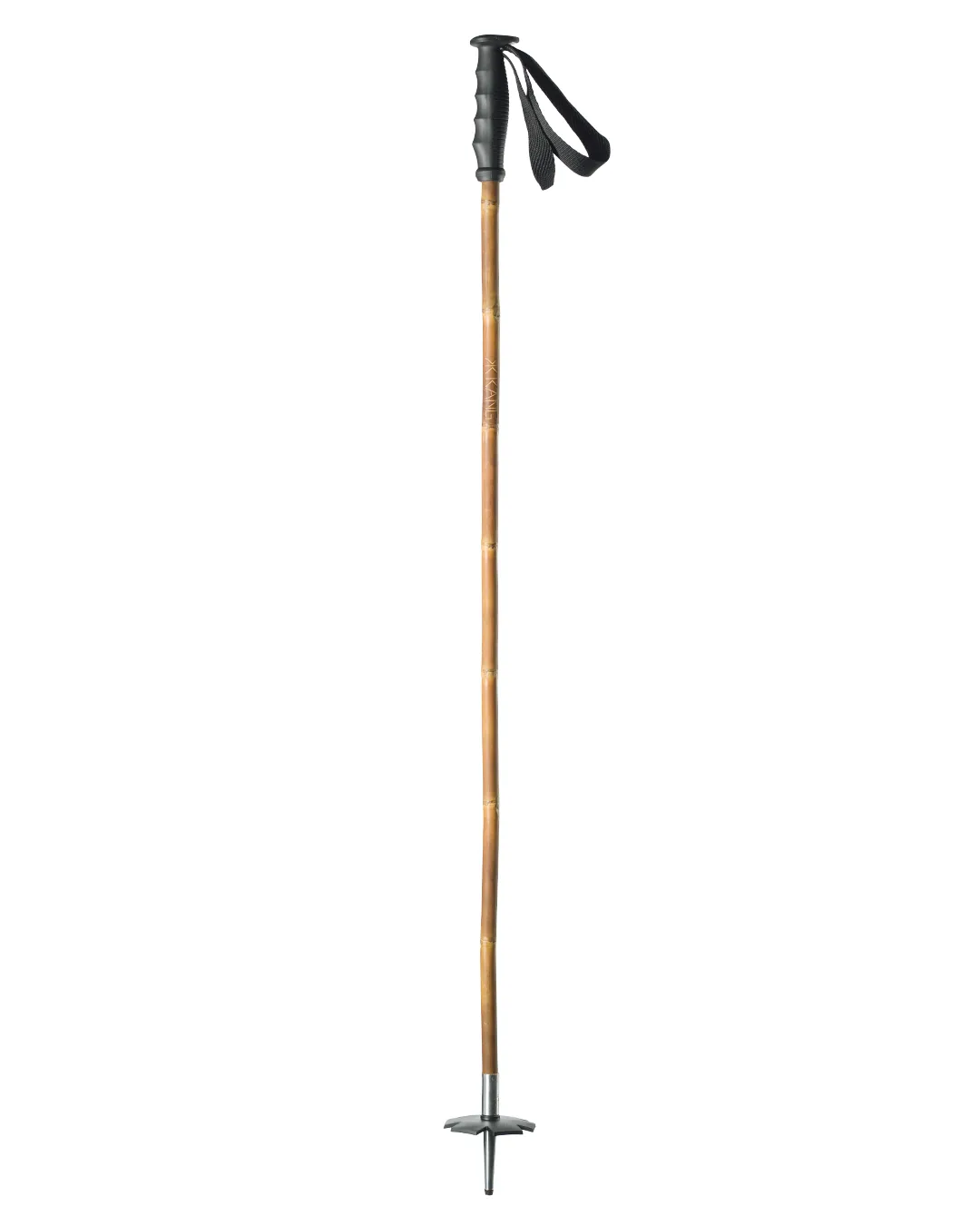 Ein einzelner Bambus-Skistock mit schwarzem Griff, Handschlaufe und All-Mountain-Teller.