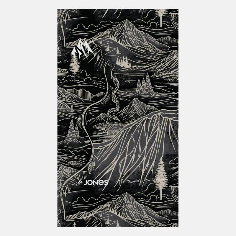 Pattern of the Jones Mountain Aloha neckwarmer: mountain landscape with peaks, trees and a river, drawn in white on a dark background.