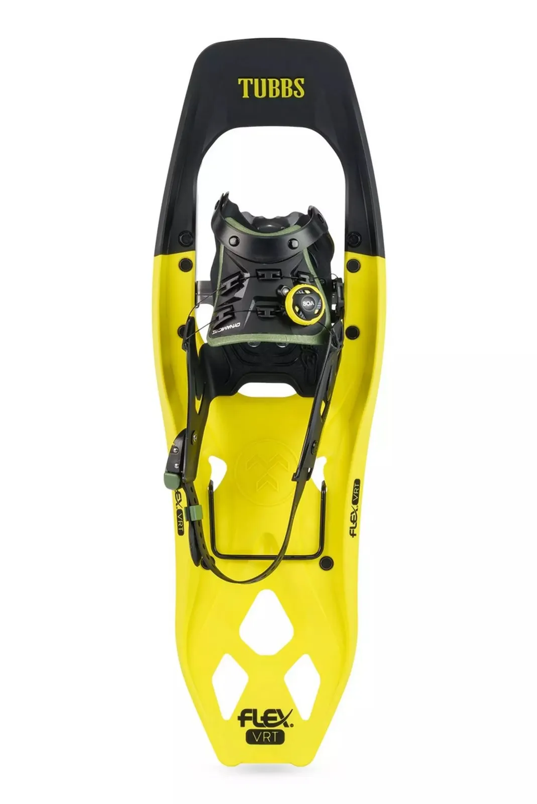 Yellow Tubbs Flex VRT 25 snowshoe with black binding and twist lock, top view.