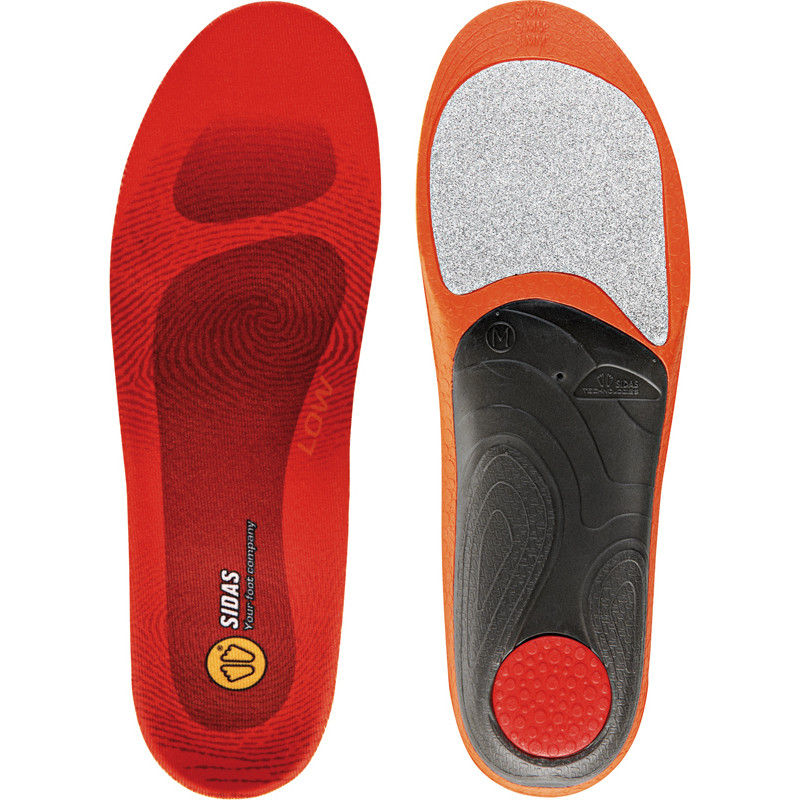 Zwei Sidas 3 feet Winter Low Sohlen, Innen- und Außenseite. Rot, Orange, Schwarz und Silberfarben.