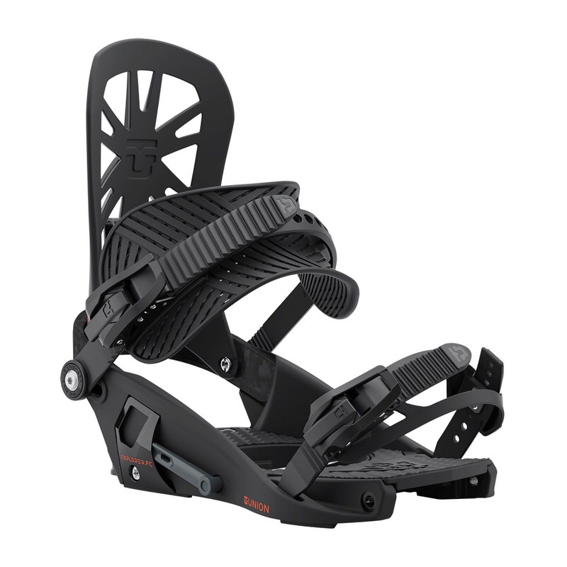 Eine Union Explorer FC Splitboard Bindung in mattschwarz ist im Detail zu sehen.