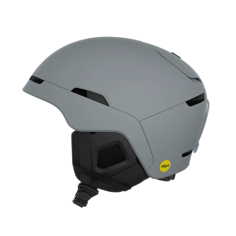 Gray POC Obex MIPS ski and snowboard helmet in matt look from the side, with MIPS logo.