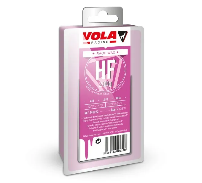 Verpackung Vola Racing Race Violet HF Wachs, lila-weisses Design mit Produktinformationen.