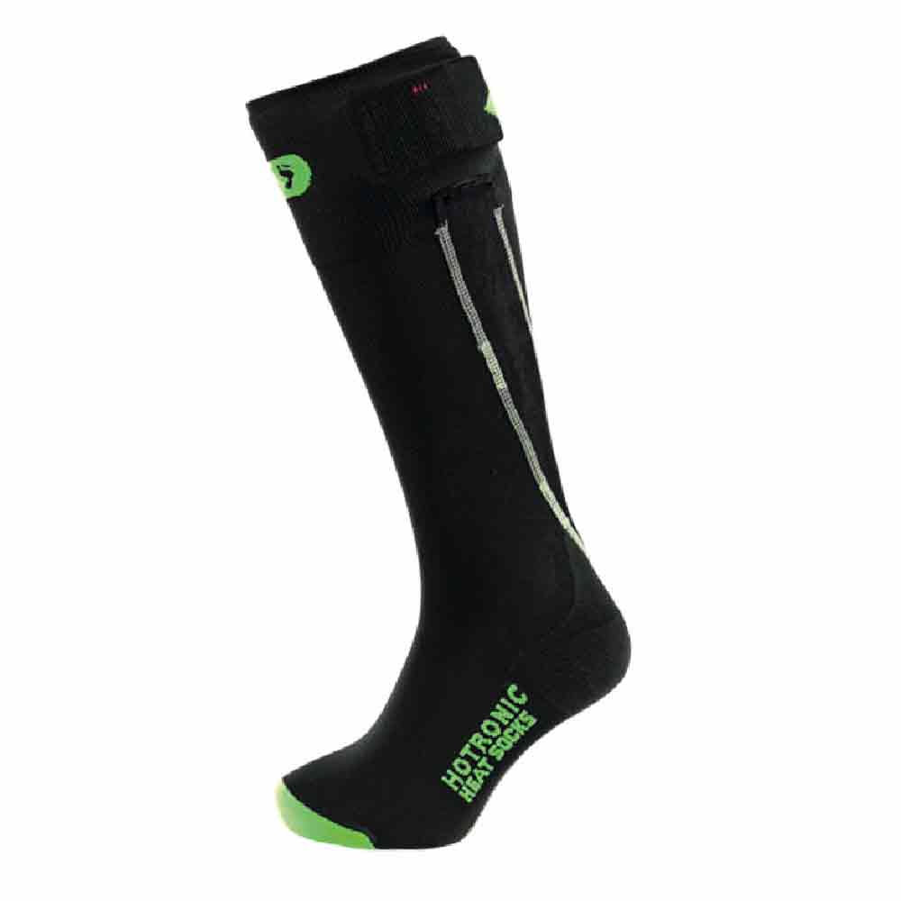 Schwarze, knielange Bootdoc Surround Comfort Thin XLP Heizsocke mit grünem Logo und Details.