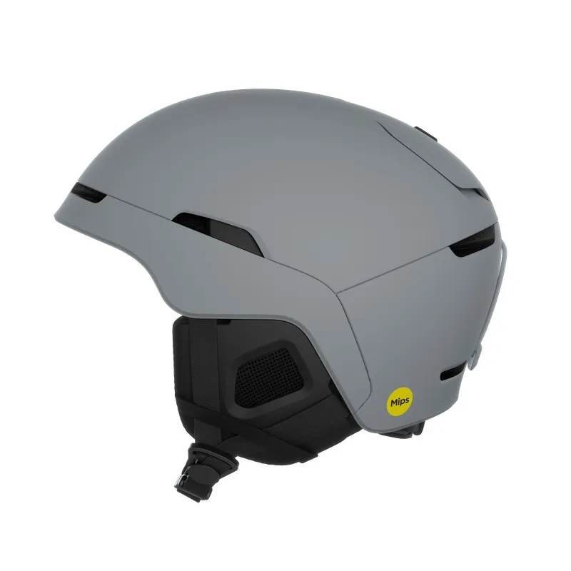 Gray POC Obex MIPS ski and snowboard helmet in matt look from the side, with MIPS logo.
