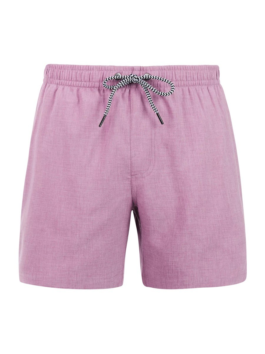 Pflaumenfarbene Badeshorts mit elastischem Bund und Kordelzug in Schwarz-Weiß.