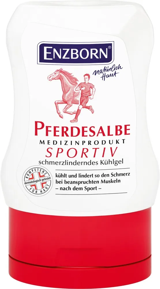 Tube of horse ointment Sportiv with horse and athlete. Pain-relieving cooling gel for stressed muscles.