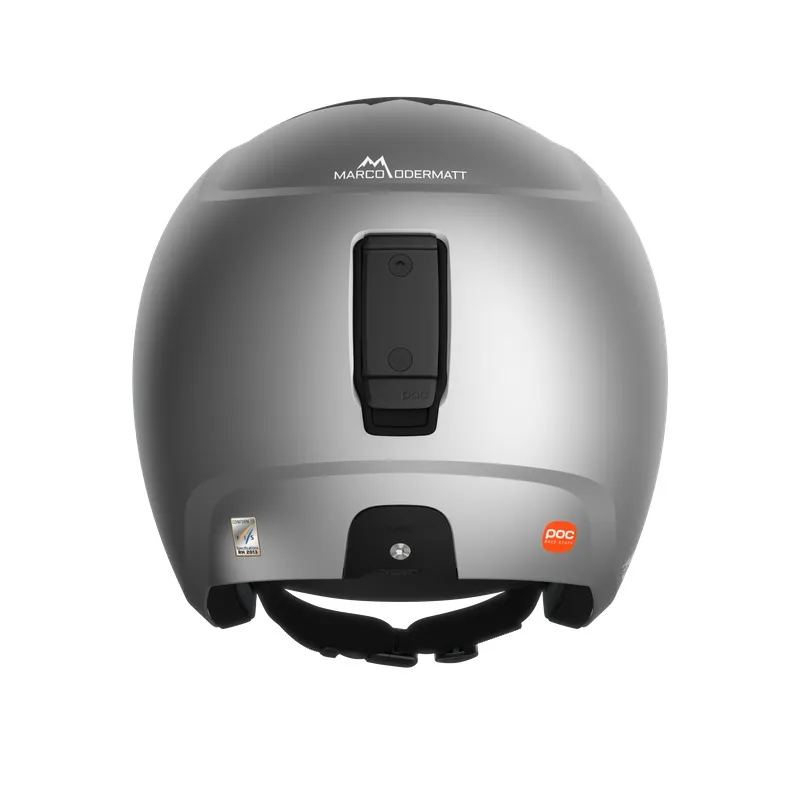 Casco da sci Skull Dura Junior argento, vista posteriore con logo Marco Odermatt e sistema di regolazione Race Lock nero.