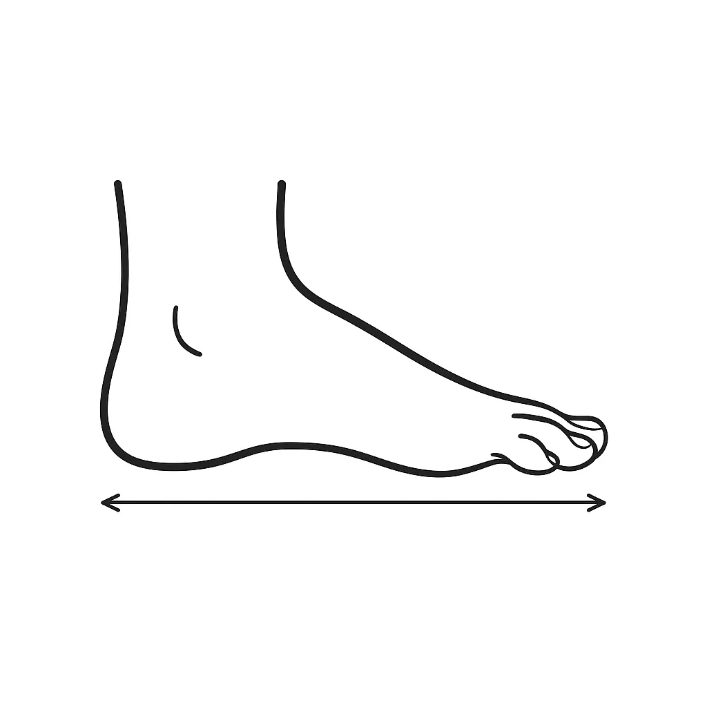 Line drawing of a foot in profile with a bidirectional arrow below the foot.