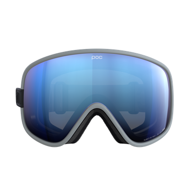 Gray ski goggles with blue Gray ski goggles with blue mirrored lenses are shown frontally against a white background.