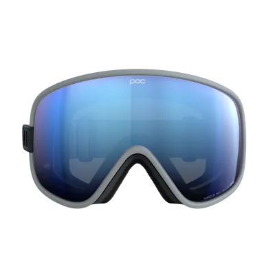 Gray ski goggles with blue mirrored lenses are shown frontally against a white background.