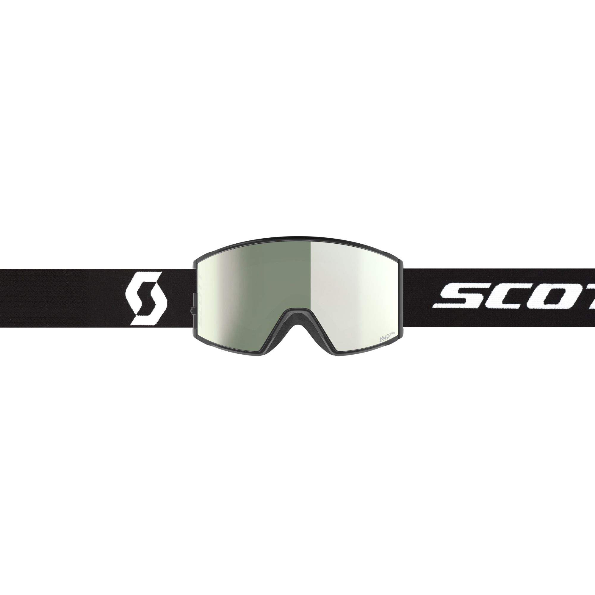 Frontansicht der Scott React Skibrille in Schwarz/Weiß mit reflektierenden Scheiben und Markenlogo auf dem Band.