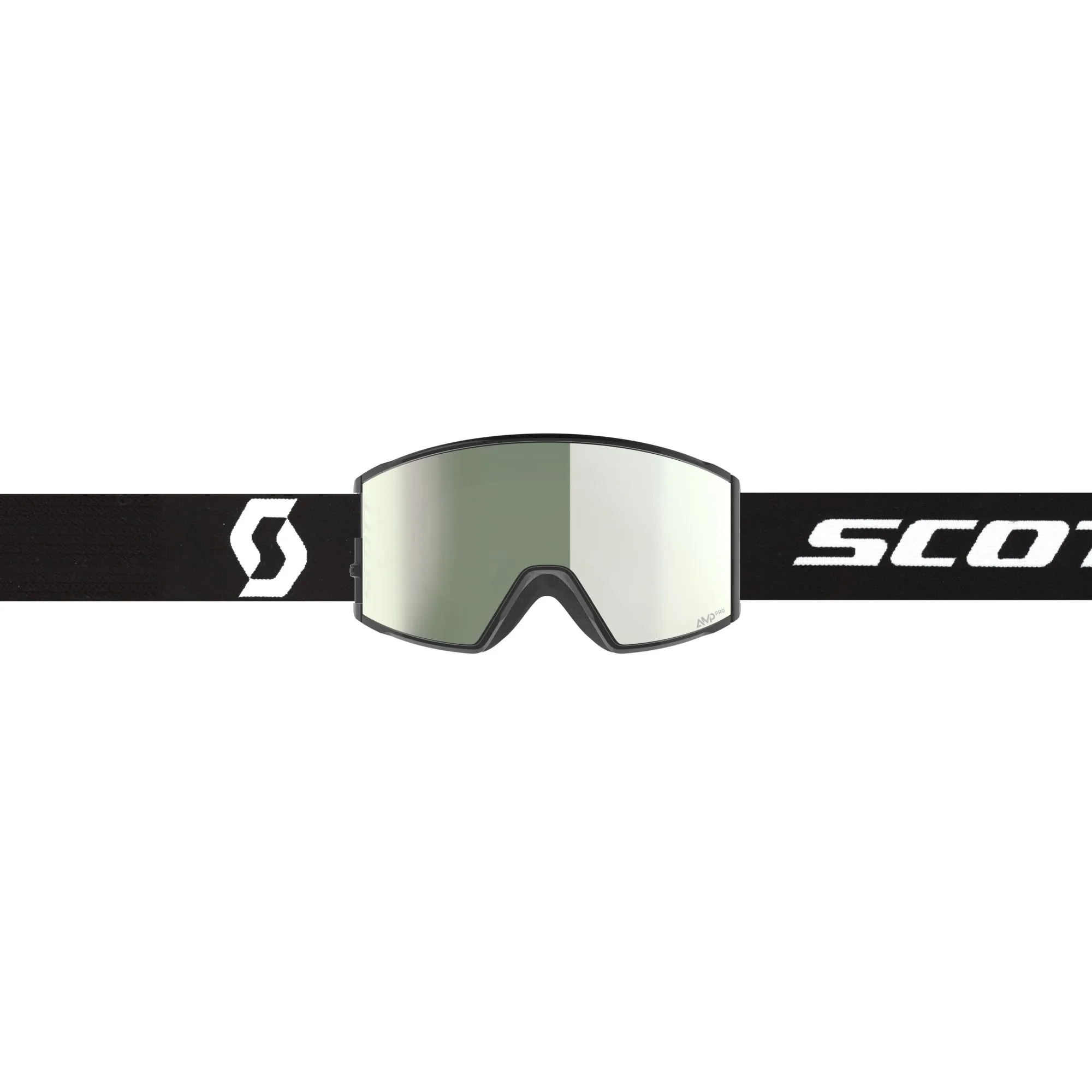 Frontansicht der Scott React Skibrille in Schwarz/Weiß mit reflektierenden Scheiben und Markenlogo auf dem Band.