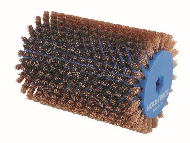 Nahaufnahme einer zylindrischen Speed Brush Bronze mit blauen Enden und Borsten.
