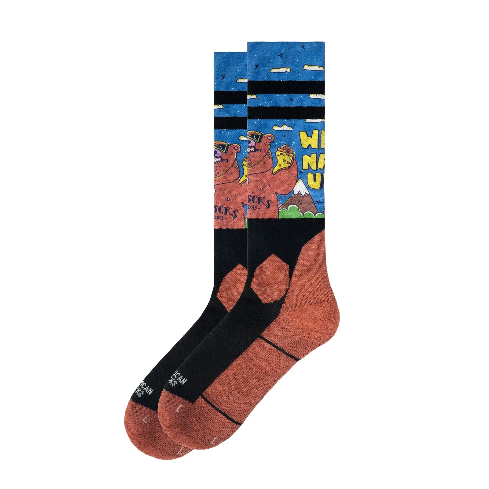 Two knee-length snow socks with bears, pizza and mountains on a blue starry sky background.