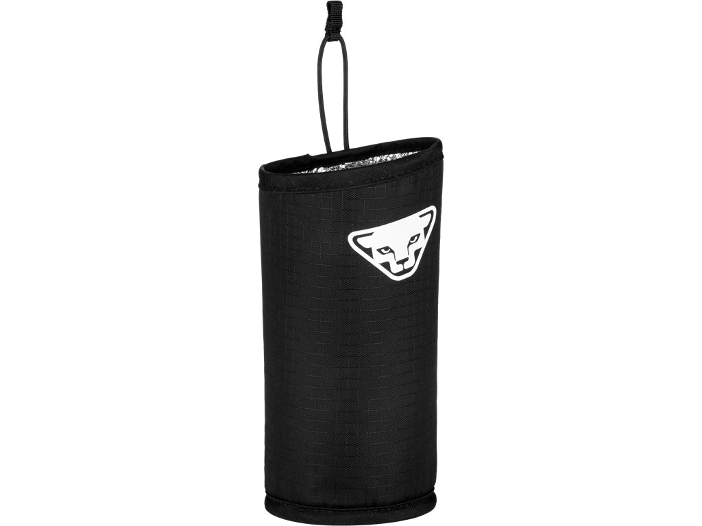 Schwarze Dynafit Alpine Bottle Holder Flaschenhalterung mit Zugband und reflektierendem Innenraum.