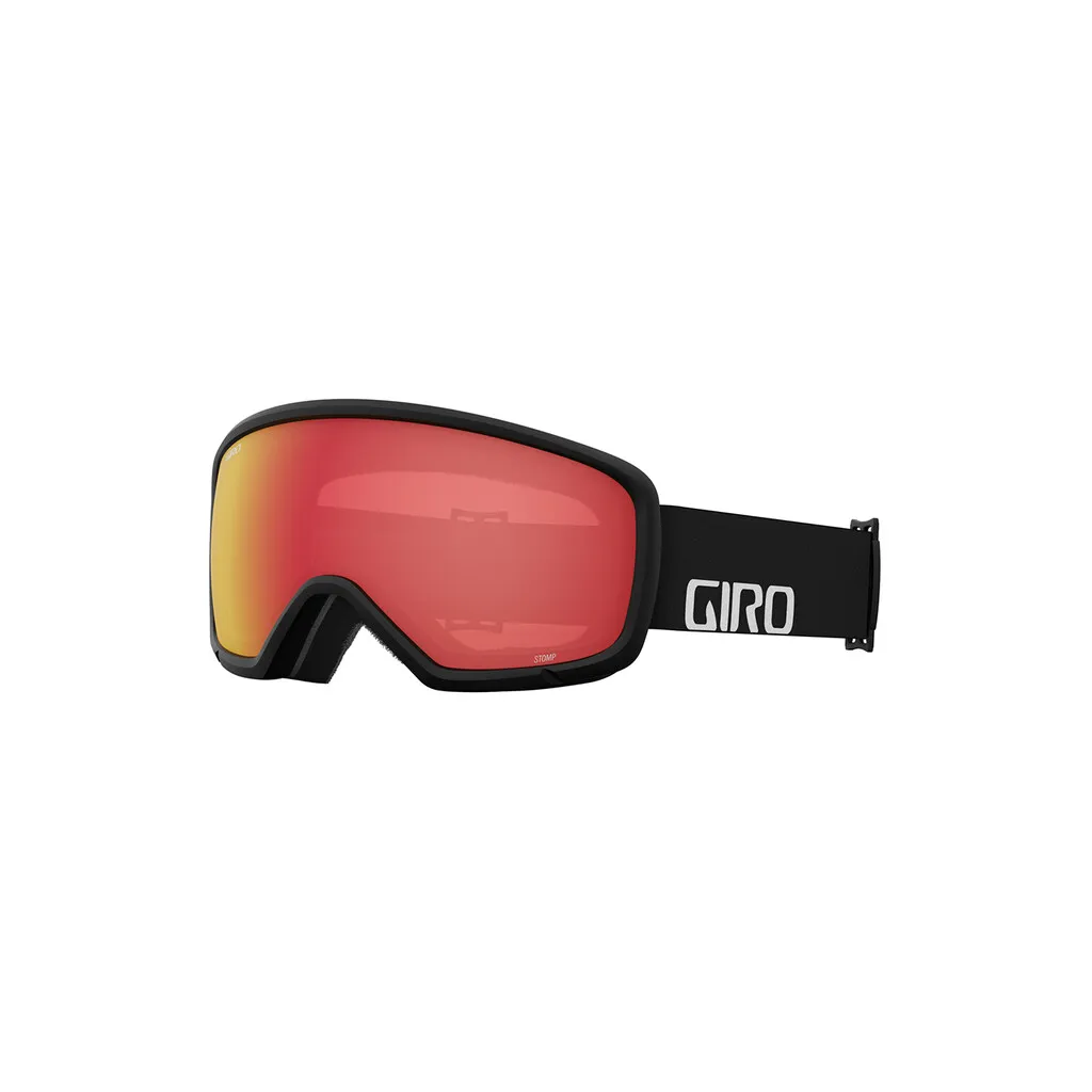 Schwarze Giro Stomp Flash Goggle mit rotem Glas und schwarzem Band mit weissem Giro Logo.