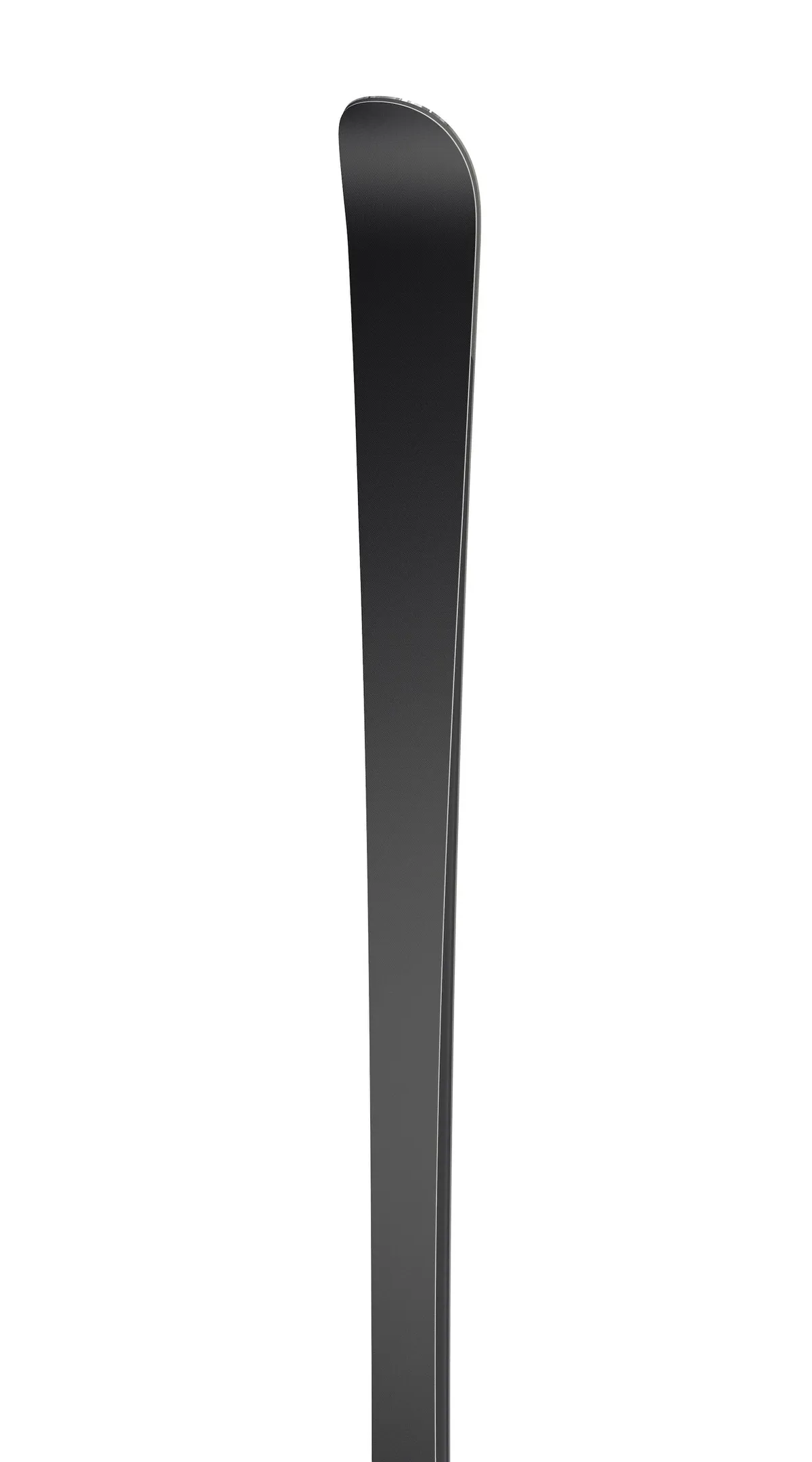 Close-up of a black ski, running from top to bottom, against a white background.