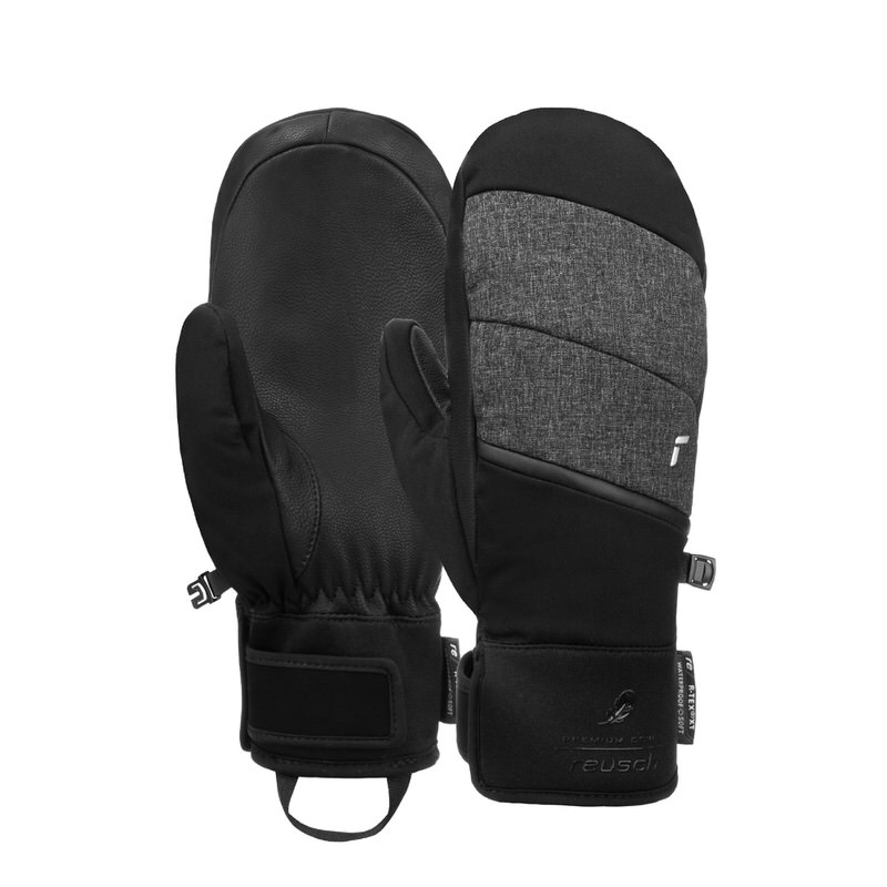 Zwei Reusch Febe R-Tex XT Fäustlinge in Schwarz und Grau-meliert. Lederne Innenhand, kurze Stulpen mit Riemen.