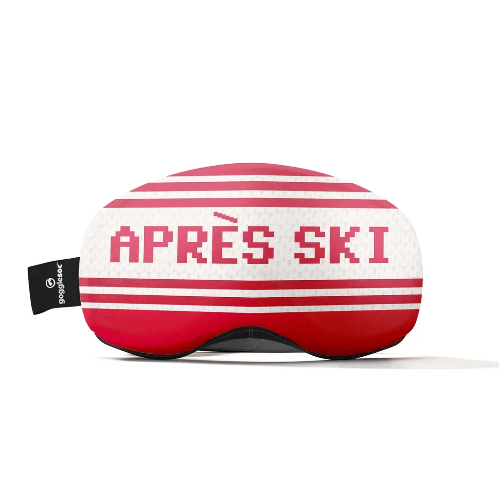 Skibrillen-Schutzhülle "Apres Pro Soc" mit roten Streifen und pixeliger "APRÈS SKI"-Aufschrift.