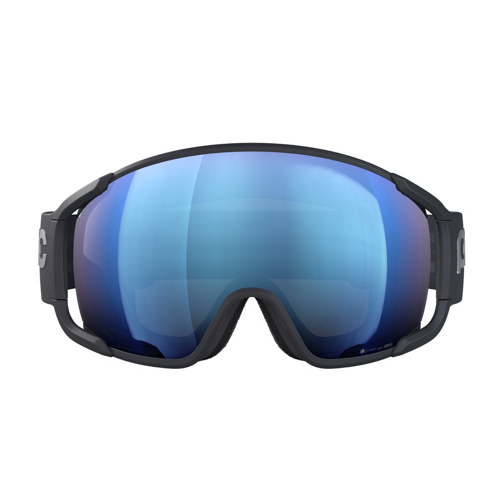Skibrille blau-grau Eine Skibrille mit großem, bläulichem Glas und dunkelgrauem Rahmen vor weißem Hintergrund.