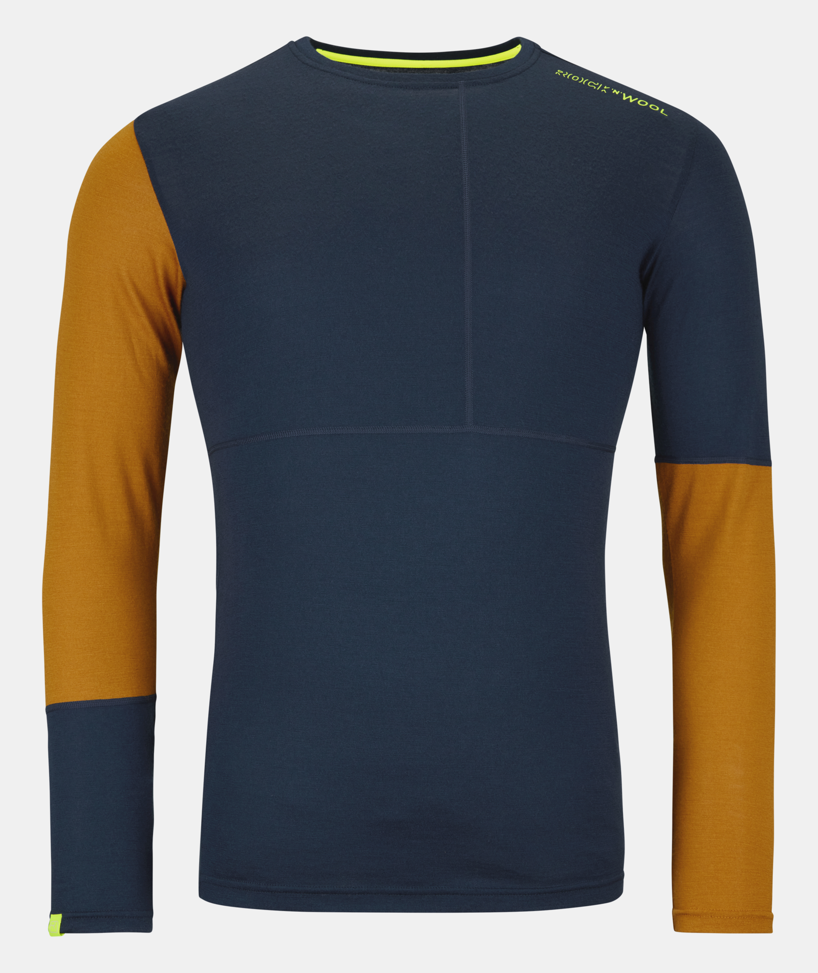 T-shirt long asymétrique Rock'n'Wool T-shirt long bleu et marron Rock'n'Wool avec un design asymétrique et des accents jaunes sur le col et les manches.