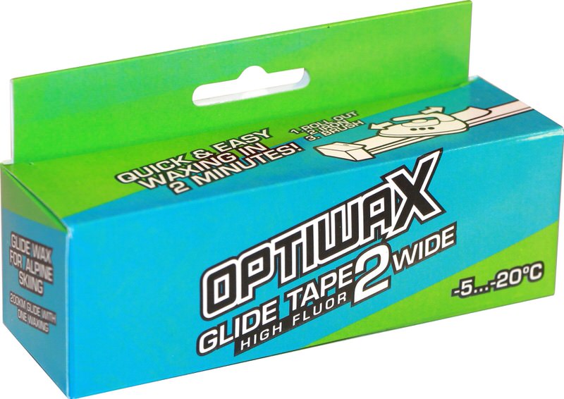 Optiwax Glide Tape 2 Wide Verpackung des Optiwax Glide Tape 2 Wide. Die Packung ist grün und blau mit Text und einer Skizze von Ski und Bügeleisen.