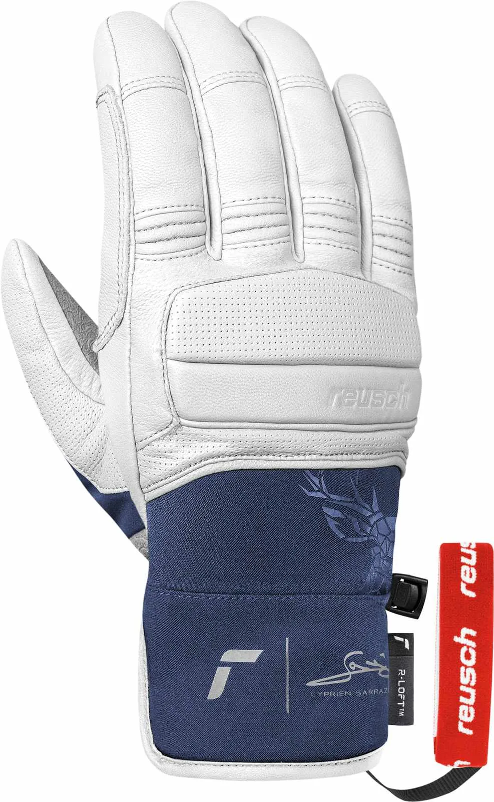 White Reusch leather gloves with dark blue textile cuff and red label against a white background.