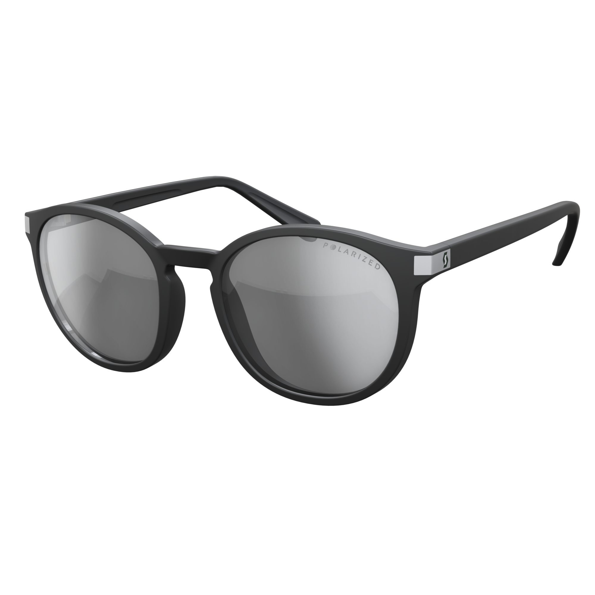 Schwarze SCOTT Riff Brille Schwarze, polarisierte SCOTT Riff Brille mit runden, grau verspiegelten Gläsern, Frontansicht.