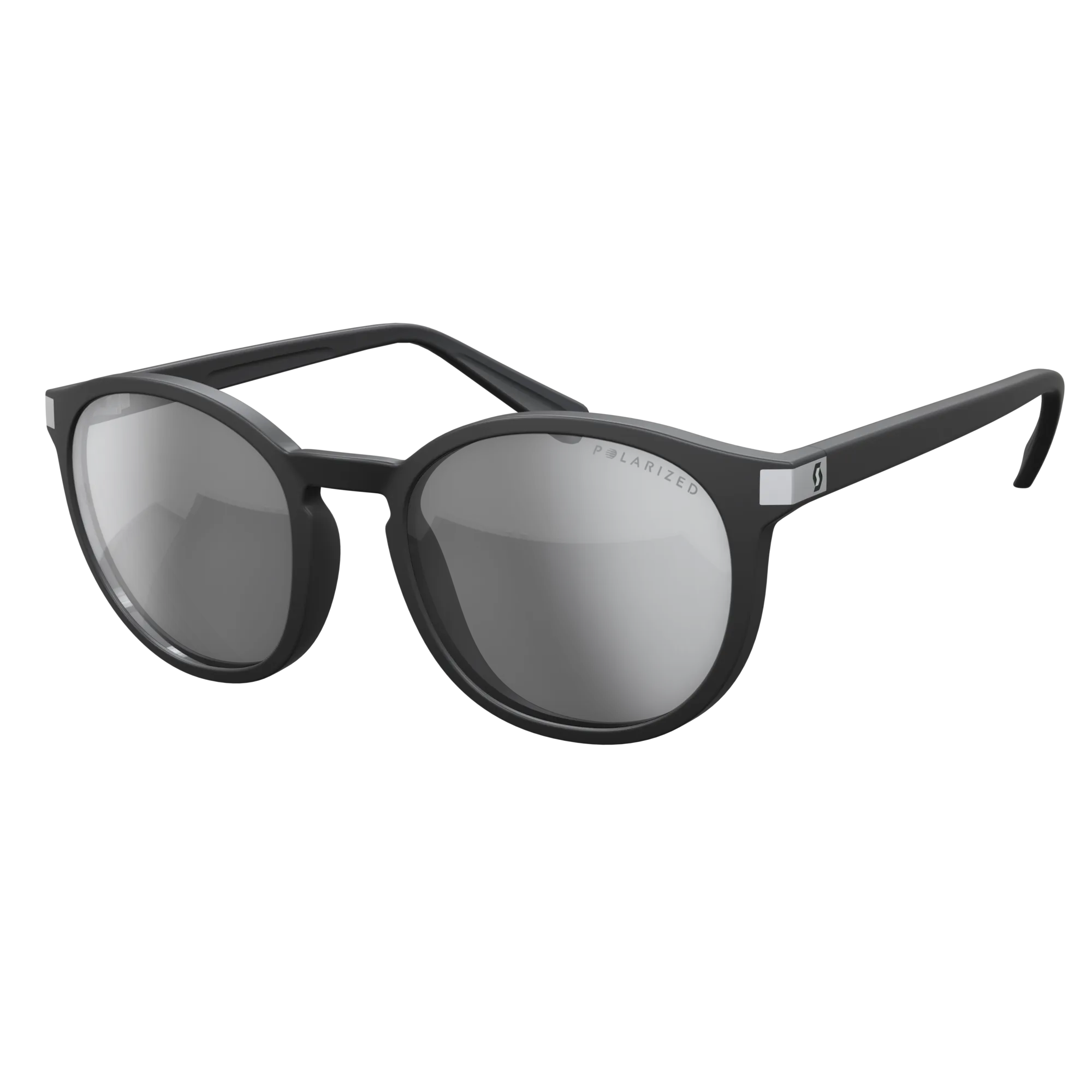 Black, polarized SCOTT Riff glasses with round, grey mirrored lenses, front view.