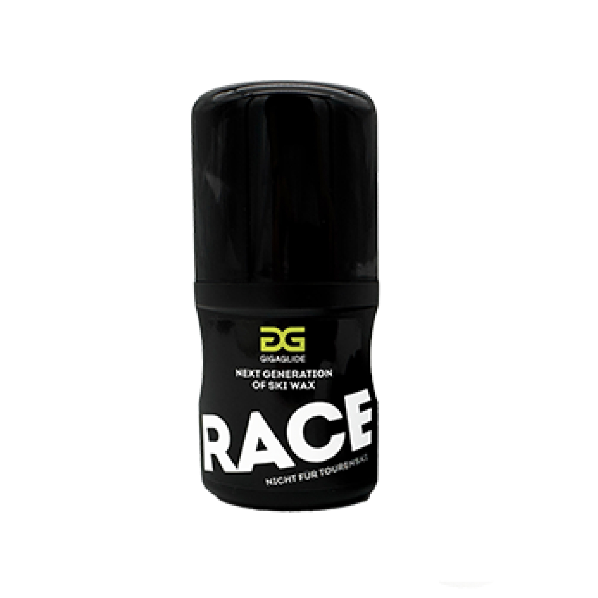 Schwarze Flasche Gigaglide Race Skiwachs mit weißer Schrift "RACE" auf dem Etikett.