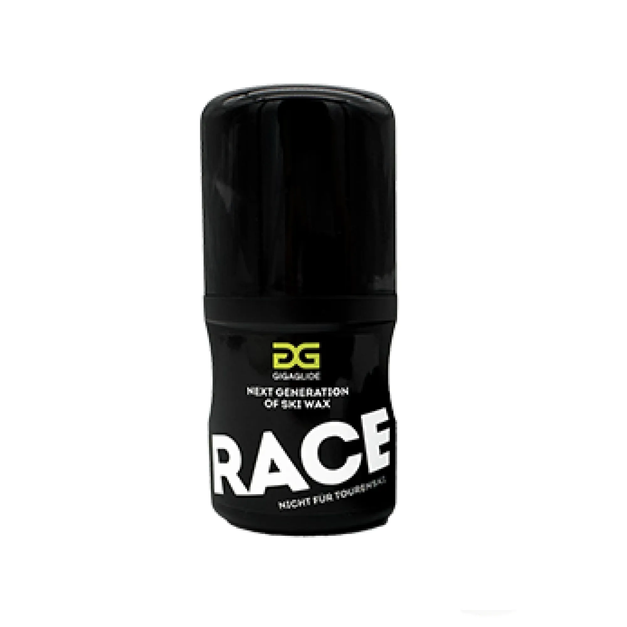 Schwarze Flasche Gigaglide Race Skiwachs mit weißer Schrift "RACE" auf dem Etikett.