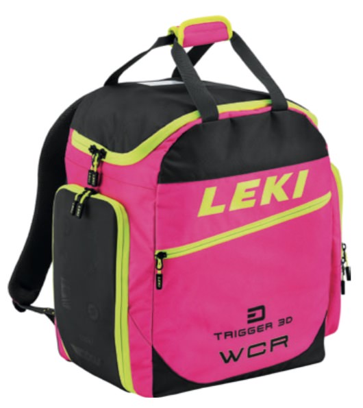 Leki Bootbag WCR 60L in Schwarz und Pink mit Tragegriffen, Schultergurten und Reißverschlusstaschen. Neon-gelbe Akzente.