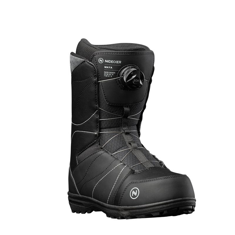 Schwarzer Nidecker Maya Snowboardboot für Damen, Seitenansicht mit Boa-Verschluss.