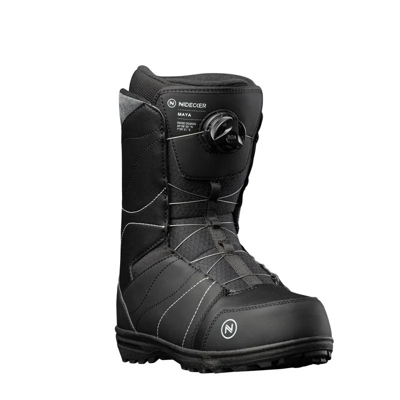 Schwarzer Nidecker Maya Snowboardboot für Damen, Seitenansicht mit Boa-Verschluss.