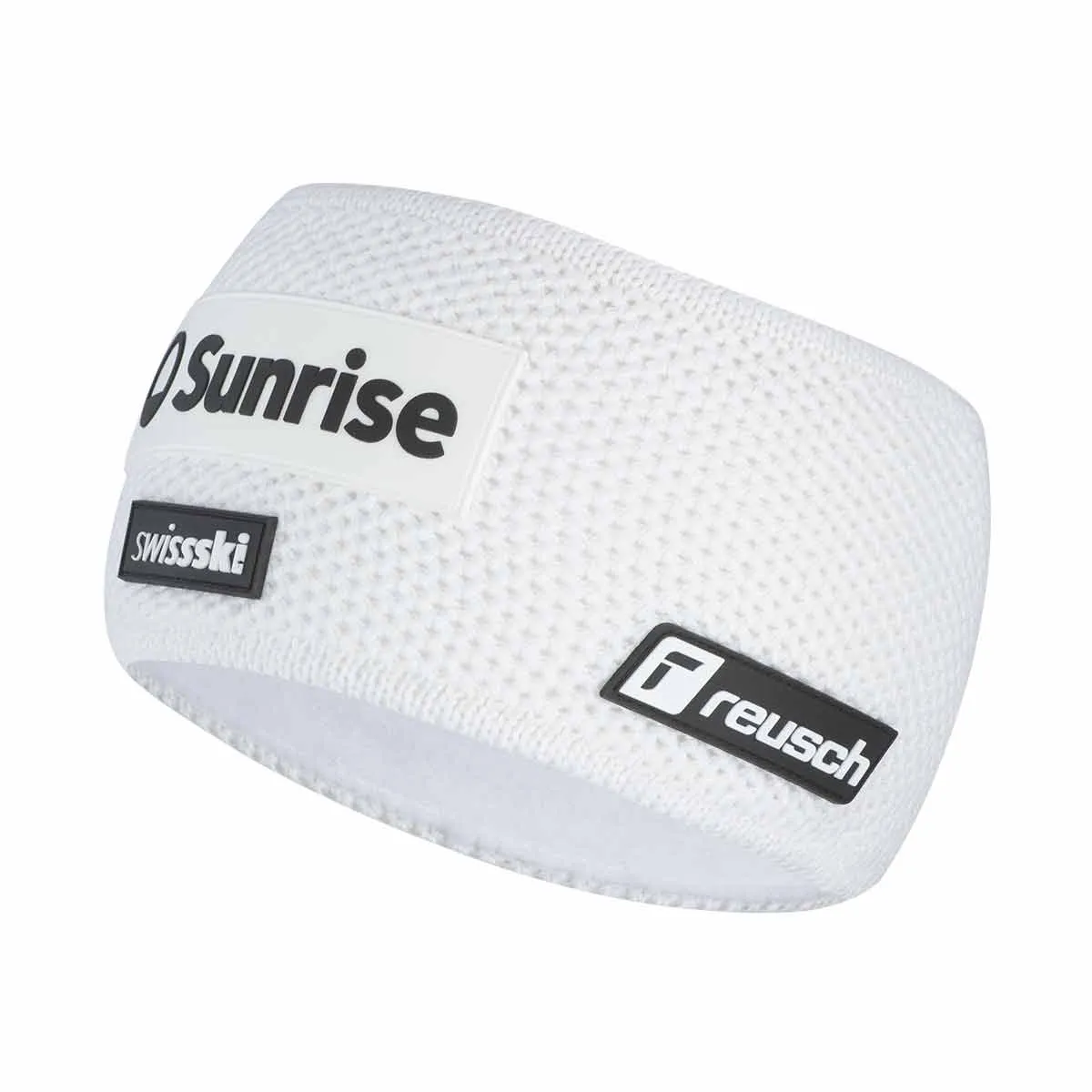 White, knitted headband with "Sunrise", "SwissSki" and "Reusch" logos.