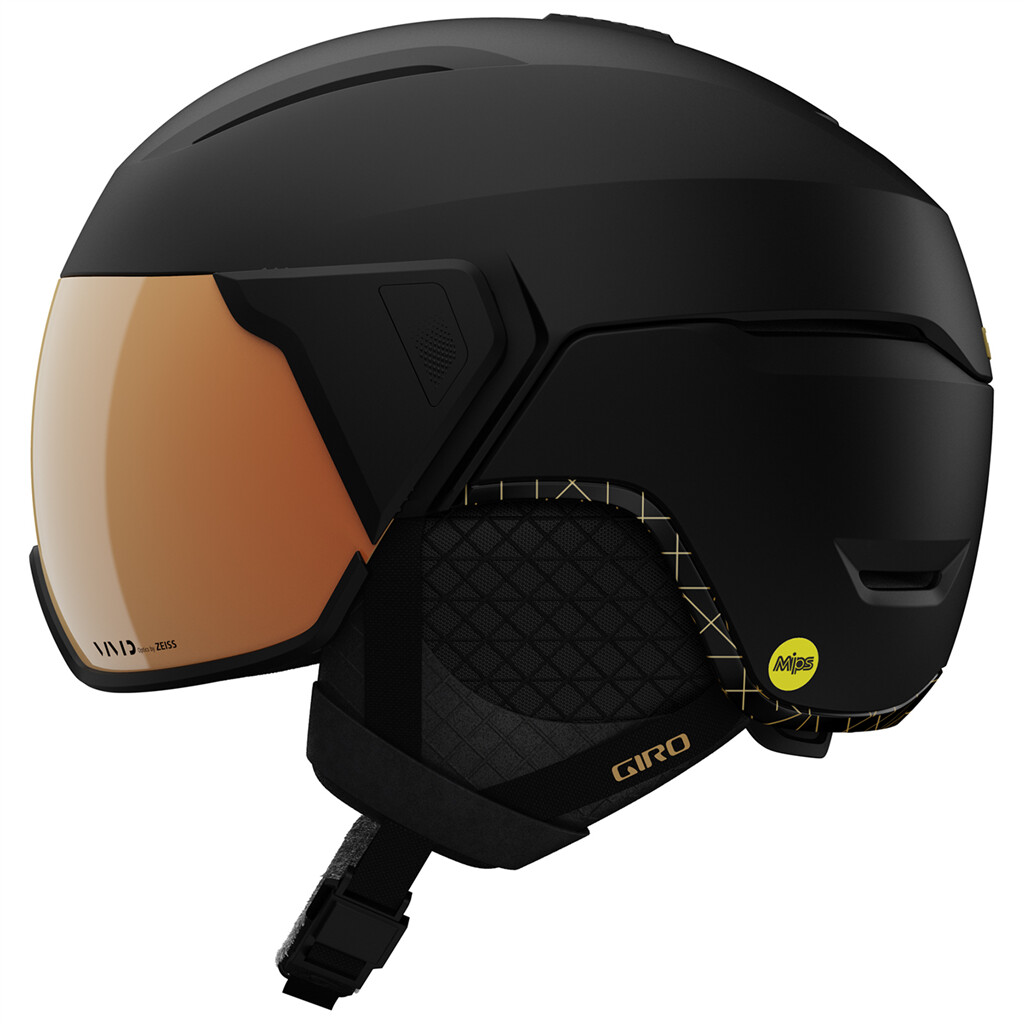 Mattschwarzer Giro Aria Spherical MIPS Skihelm mit orangefarbenem Vivid Visier von Zeiss, seitliche Ansicht.