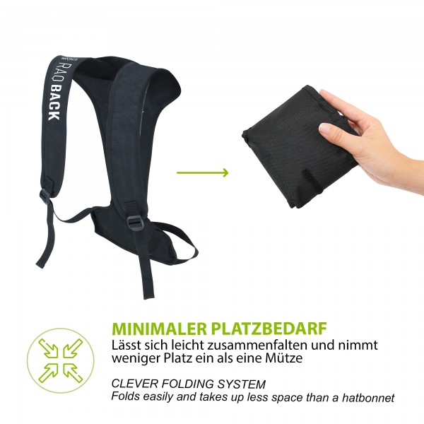 Zaino per racchette da neve nero Zaino per racchette da neve RaqBack nero, ripiegato e tenuto con una sola mano, minimo ingombro.