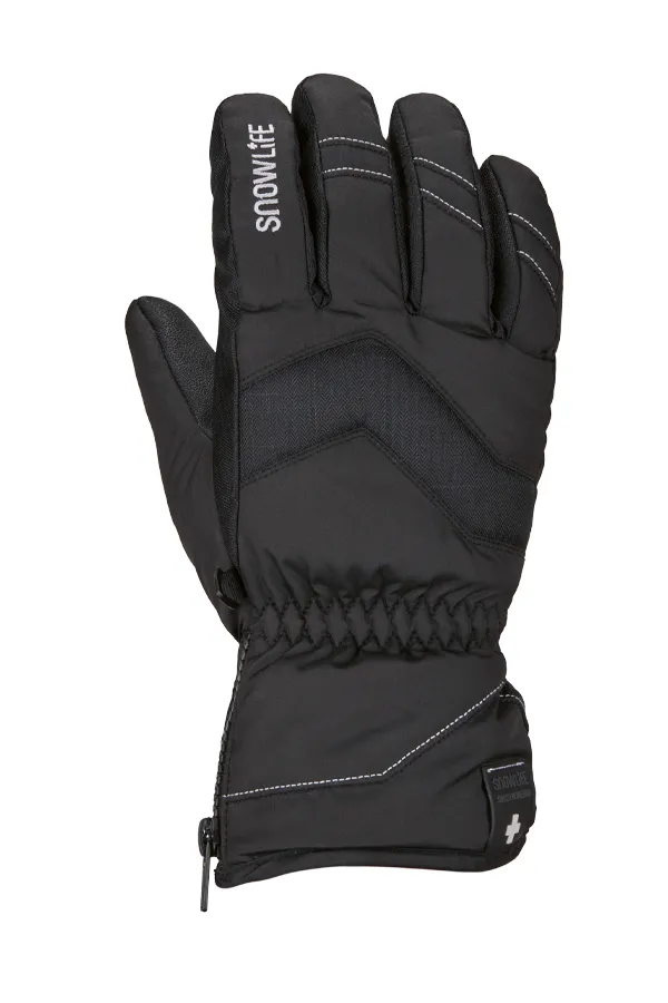 Black Snowlife Vivid Glove for women, from the front, with zipper on the cuff and logo on the back of the hand.