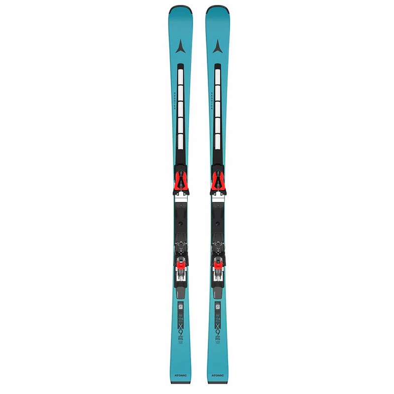 Top view of a pair of turquoise Atomic Redster X9RS skis with mounted Icon RS 12 binding.