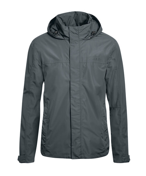 Grey Altid M outdoor jacket with hood and full-length zipper. Maier Sports Logo on the right side of the chest.