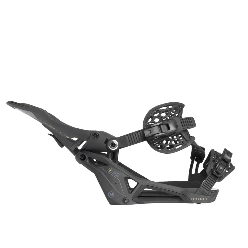 Black Nidecker Supermatic snowboard binding, side view with open highback and straps.