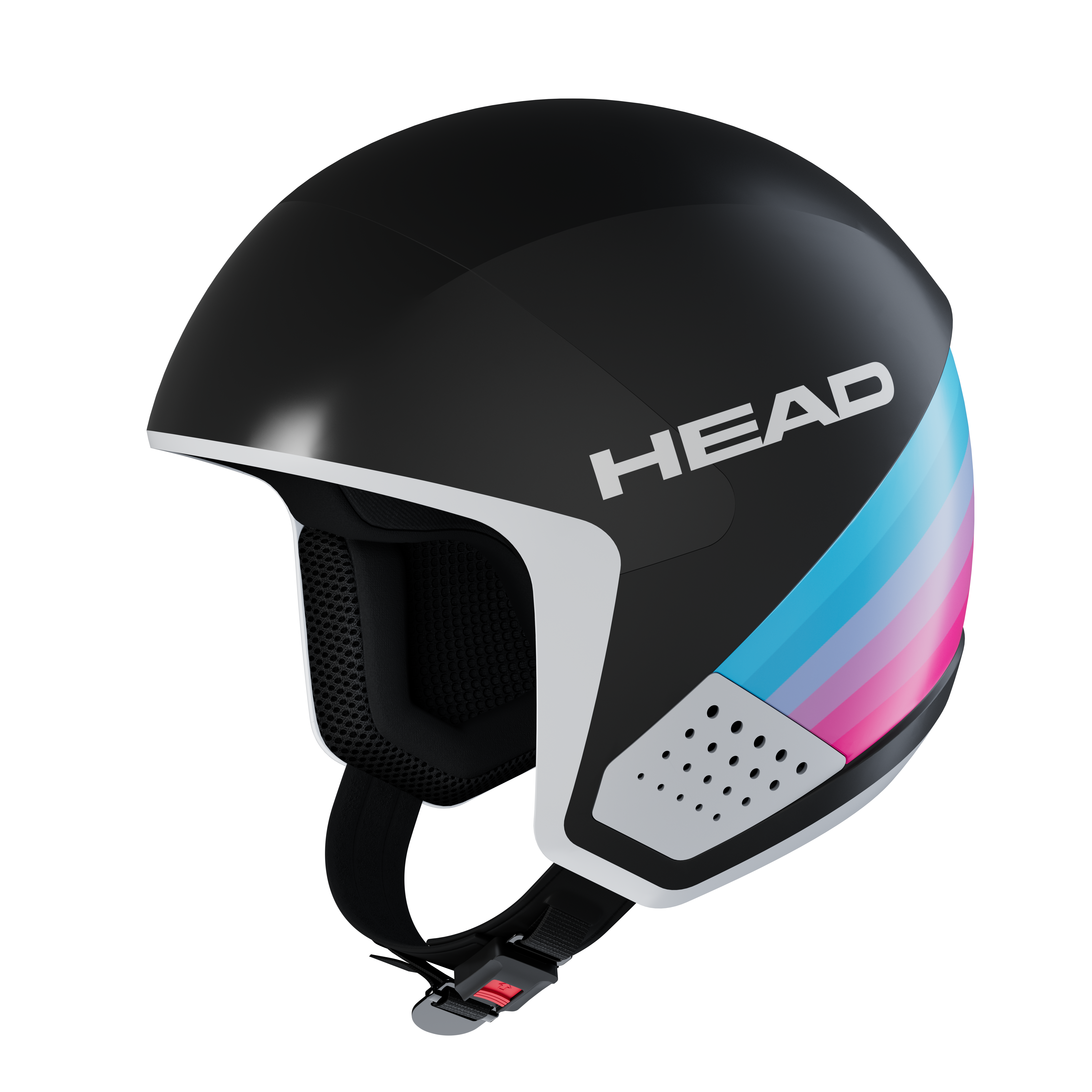 Schwarzer Head Downforce Skihelm, seitlich mit farbigen Streifen in Blau und Pink. Kinnriemen und Belüftungsöffnungen sind sichtbar.