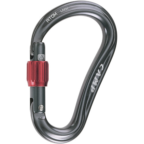 Grauer CAMP Atom Lock Karabiner mit roter Schraubsicherung, Nahaufnahme.